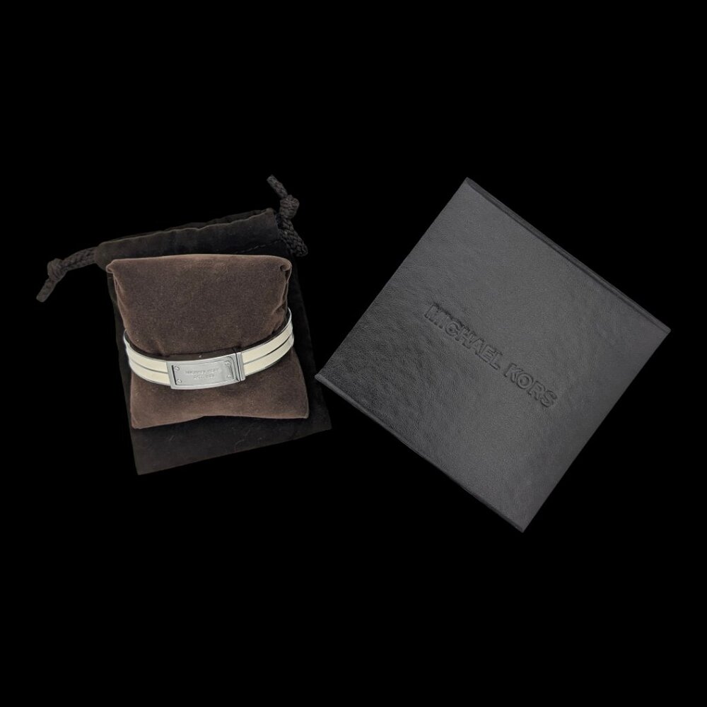 Michael Kors Bracelet 7.5in Silver Tone White Enamel Logo Plaque Hinged Bangle